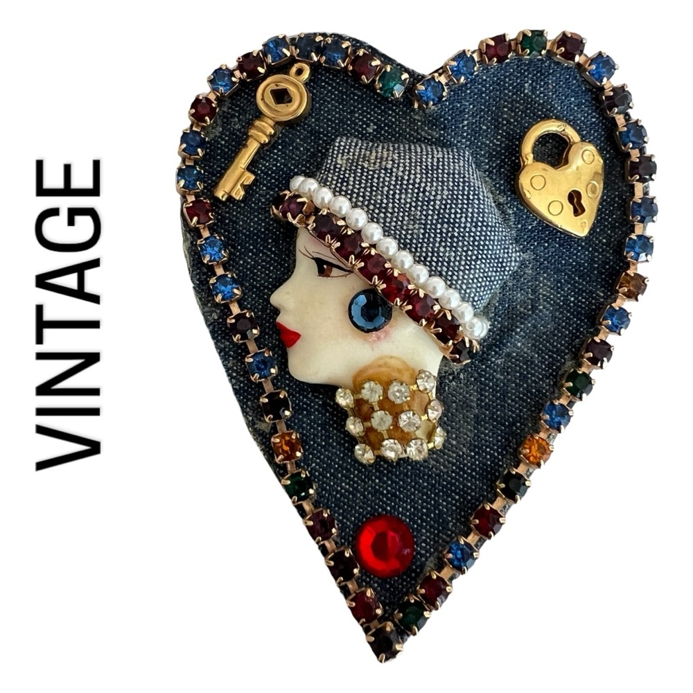 1980s Brooch Denim Heart Beading Jewels Hand-Crafted Pin